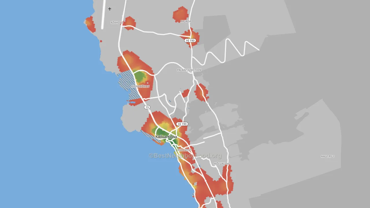 Walk Grade map of 96740, HI, walkable areas in green and car-dependent areas in red
