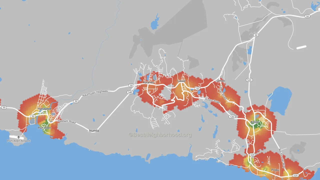 Walk Grade map of 96741, HI, walkable areas in green and car-dependent areas in red