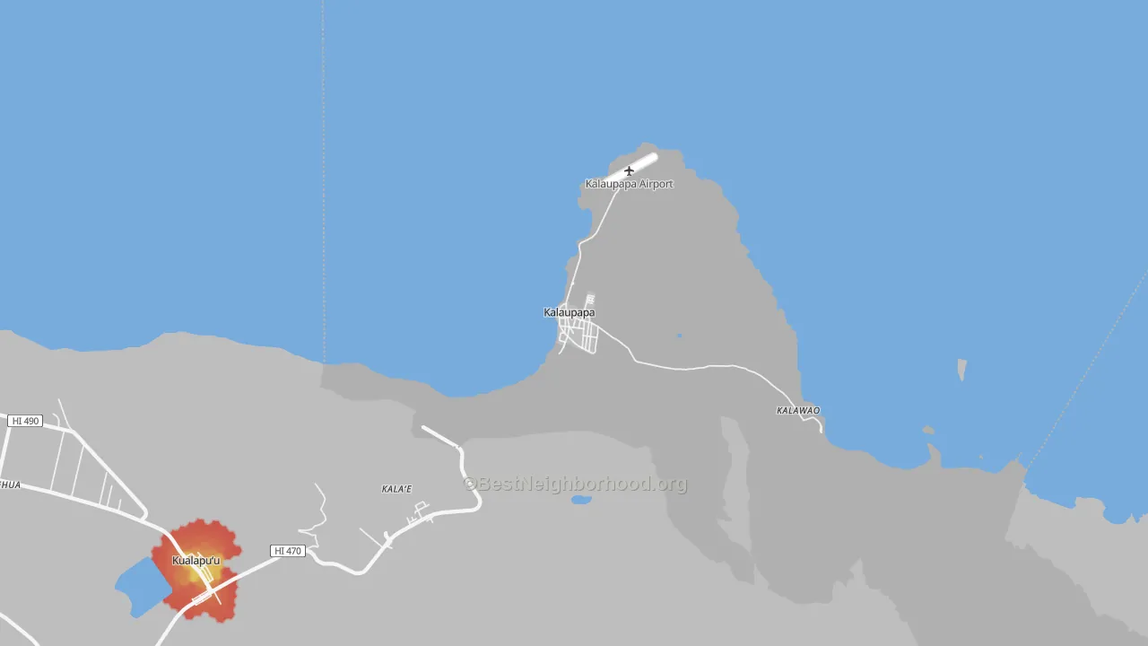 Walk Grade map of 96742, HI, walkable areas in green and car-dependent areas in red