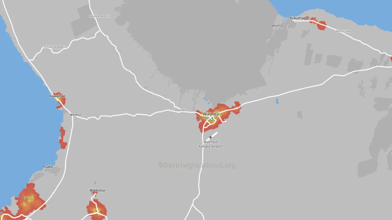 Walk Grade map of 96743, HI, walkable areas in green and car-dependent areas in red