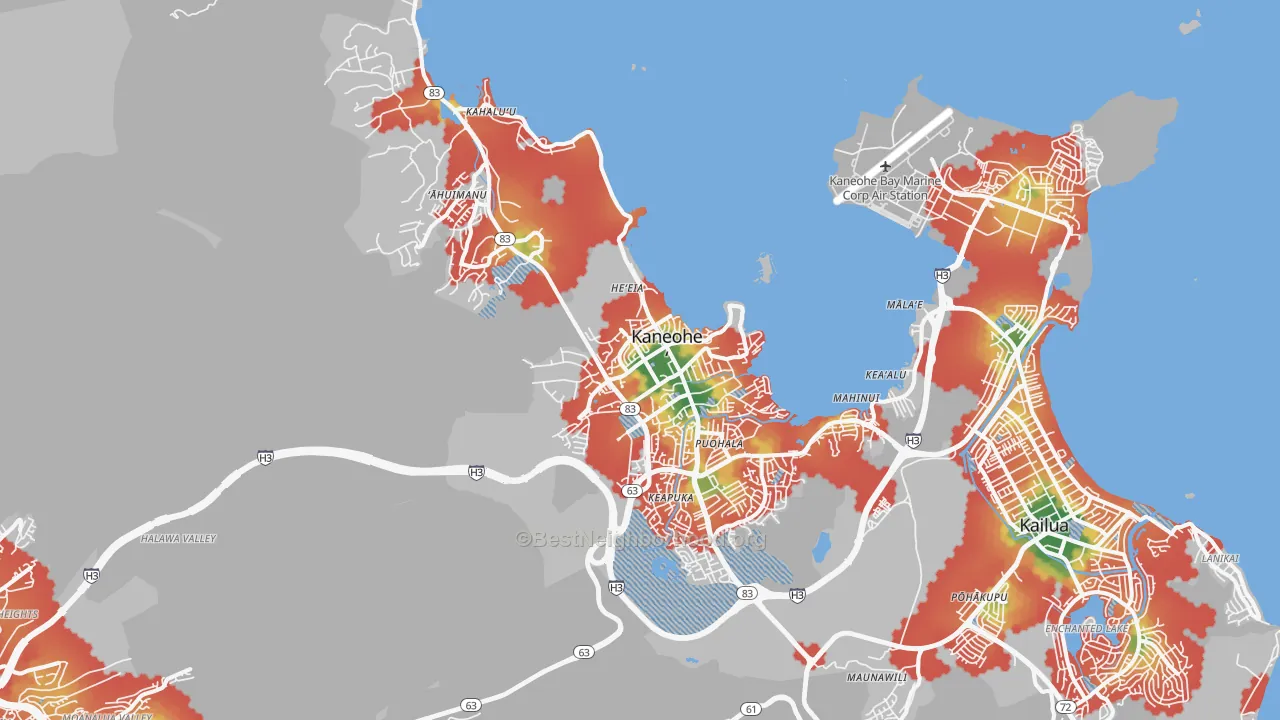 Walk Grade map of 96744, HI, walkable areas in green and car-dependent areas in red
