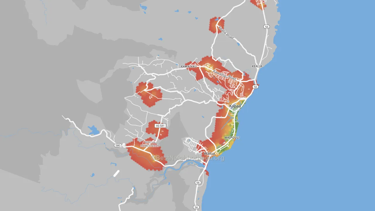Walk Grade map of 96746, HI, walkable areas in green and car-dependent areas in red