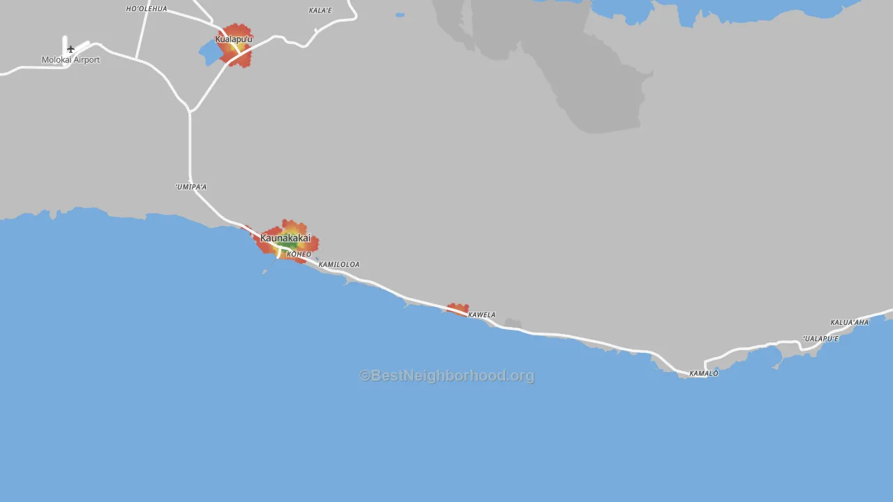 Walk Grade map of 96748, HI, walkable areas in green and car-dependent areas in red