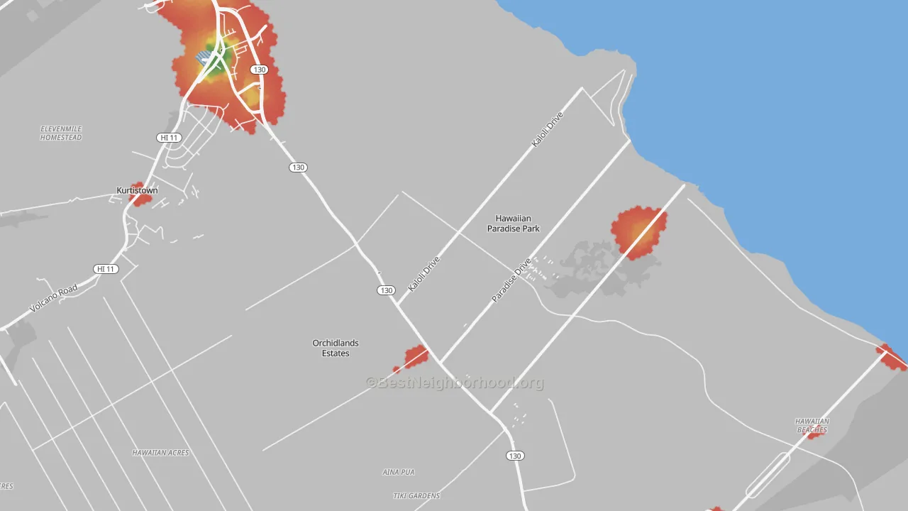 Walk Grade map of 96749, HI, walkable areas in green and car-dependent areas in red