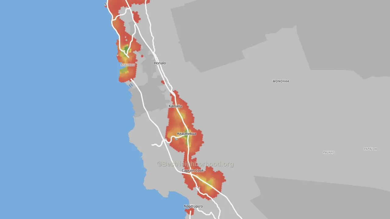 Walk Grade map of 96750, HI, walkable areas in green and car-dependent areas in red
