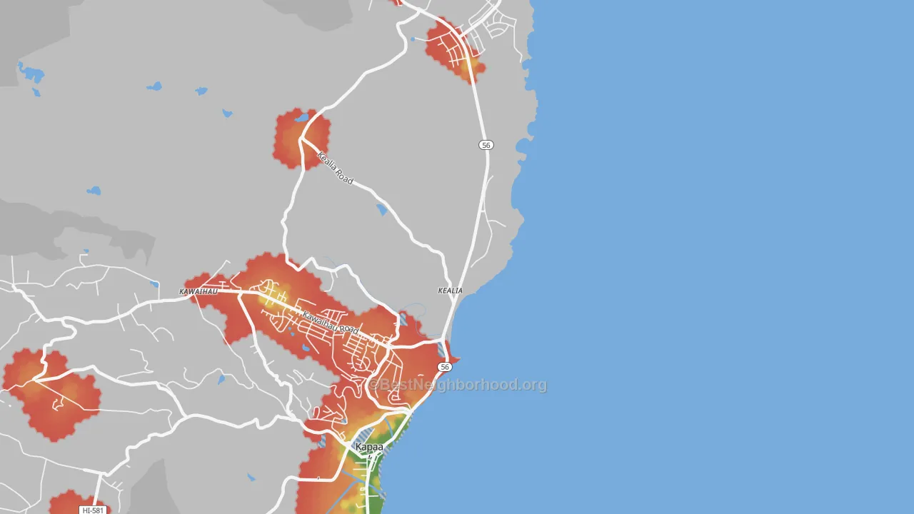 Walk Grade map of 96751, HI, walkable areas in green and car-dependent areas in red
