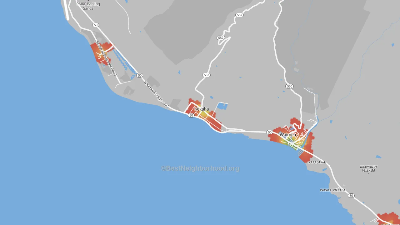 Walk Grade map of 96752, HI, walkable areas in green and car-dependent areas in red