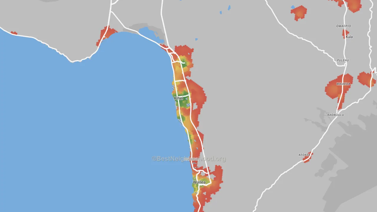 Walk Grade map of 96753, HI, walkable areas in green and car-dependent areas in red