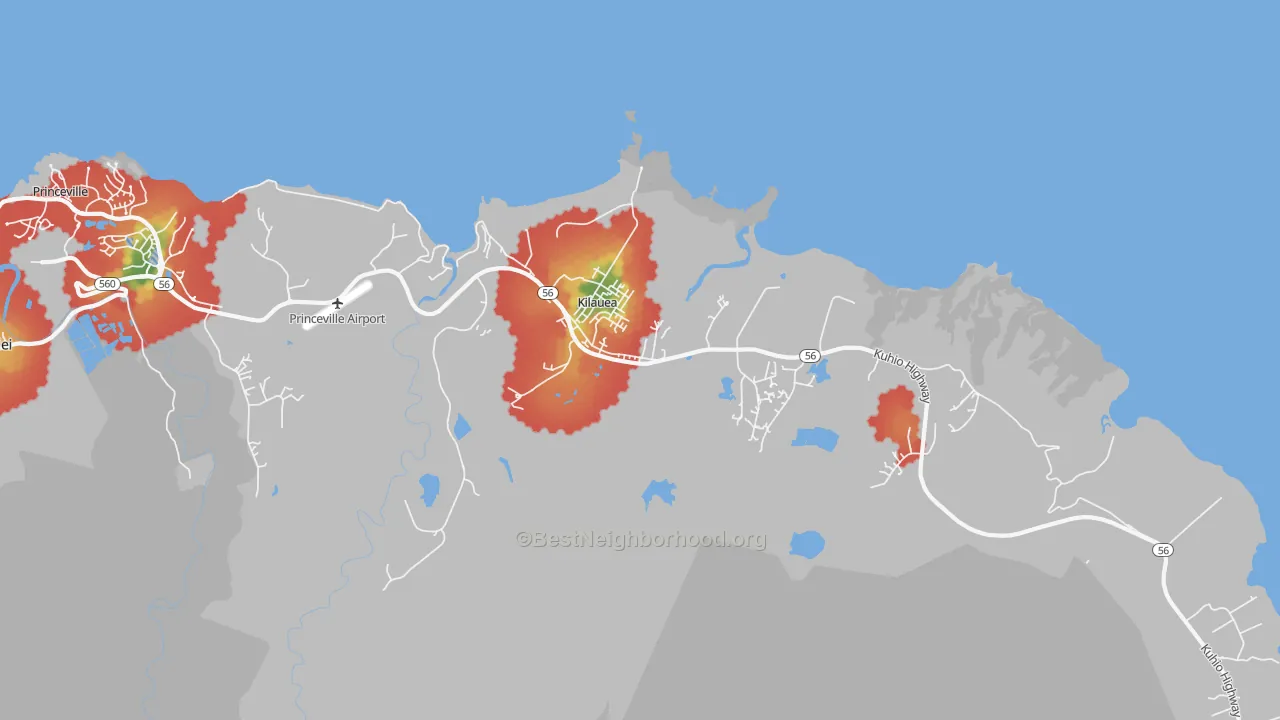 Walk Grade map of 96754, HI, walkable areas in green and car-dependent areas in red