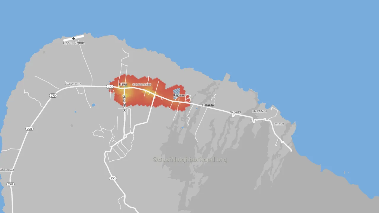 Walk Grade map of 96755, HI, walkable areas in green and car-dependent areas in red