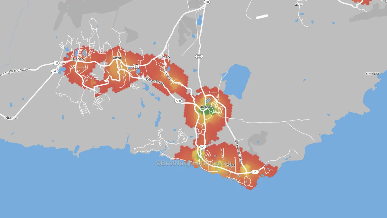 Walk Grade map of 96756, HI, walkable areas in green and car-dependent areas in red
