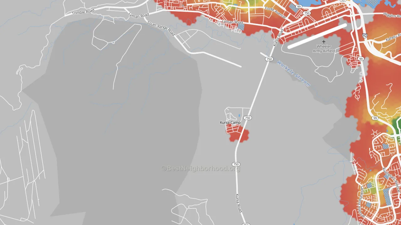 Walk Grade map of 96759, HI, walkable areas in green and car-dependent areas in red