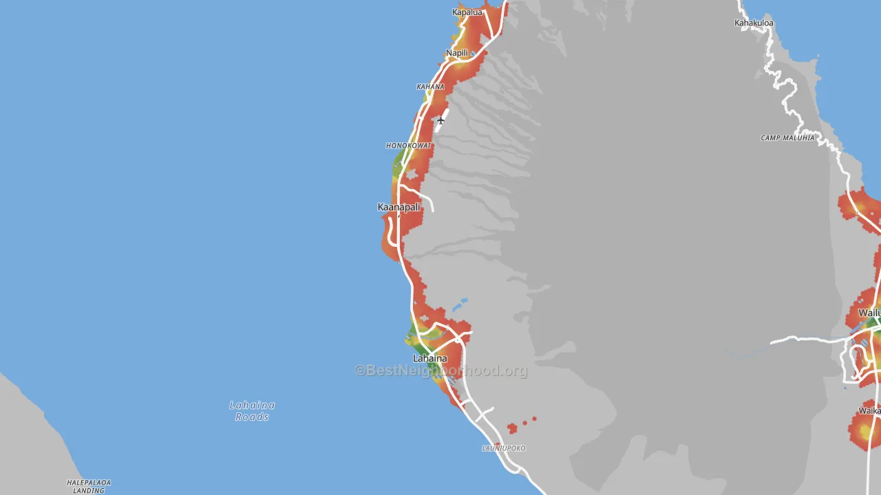 Walk Grade map of 96761, HI, walkable areas in green and car-dependent areas in red