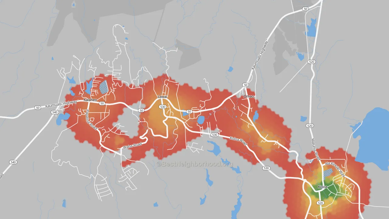 Walk Grade map of 96765, HI, walkable areas in green and car-dependent areas in red