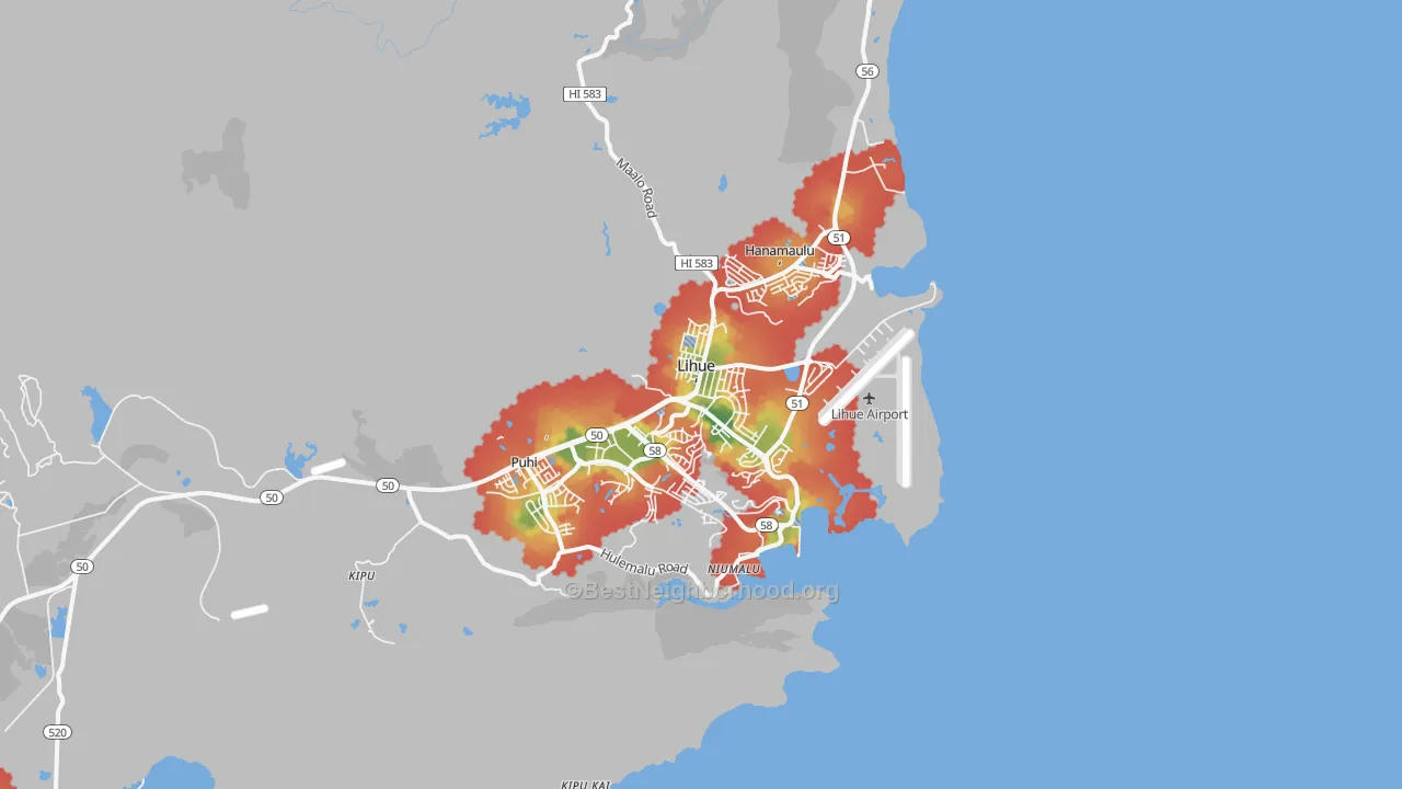 Walk Grade map of 96766, HI, walkable areas in green and car-dependent areas in red