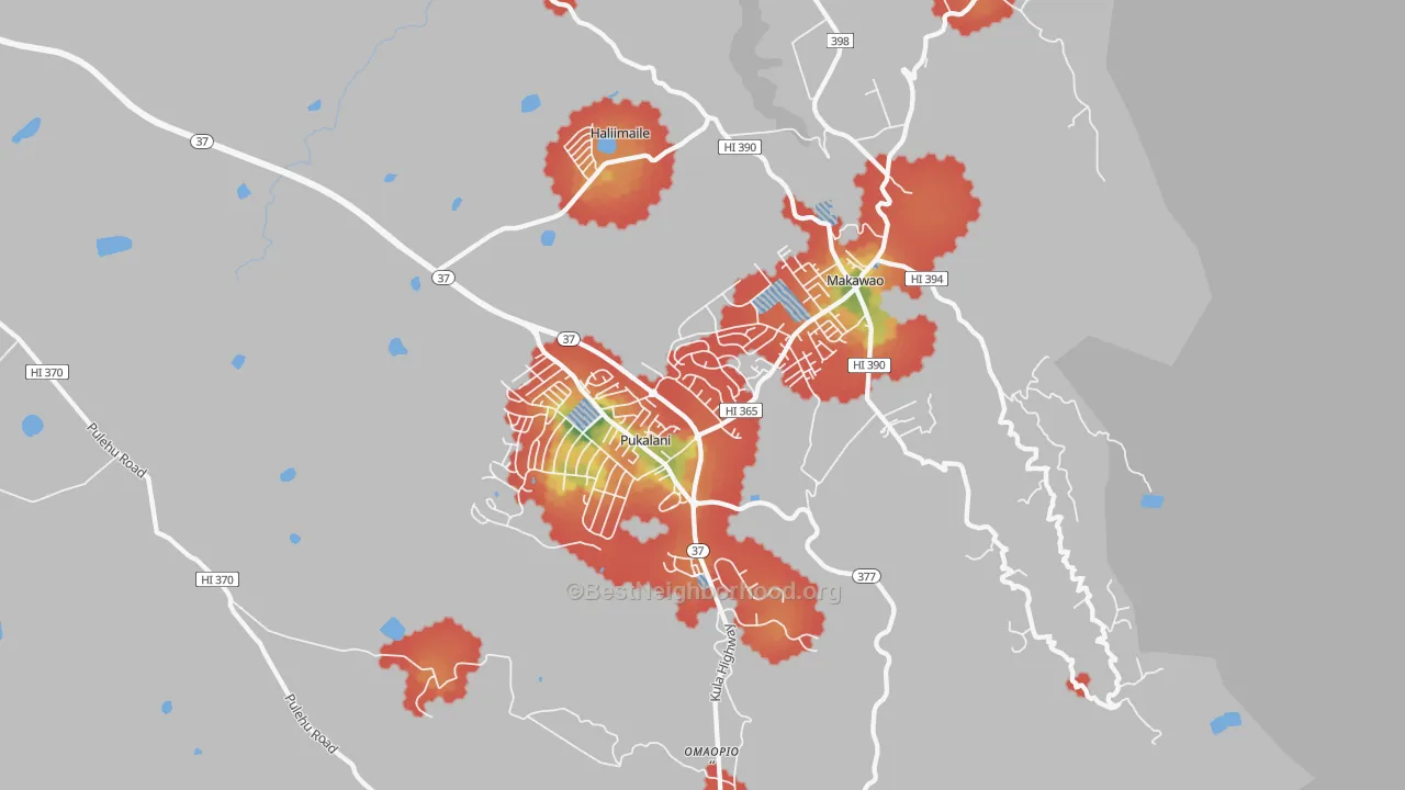 Walk Grade map of 96768, HI, walkable areas in green and car-dependent areas in red