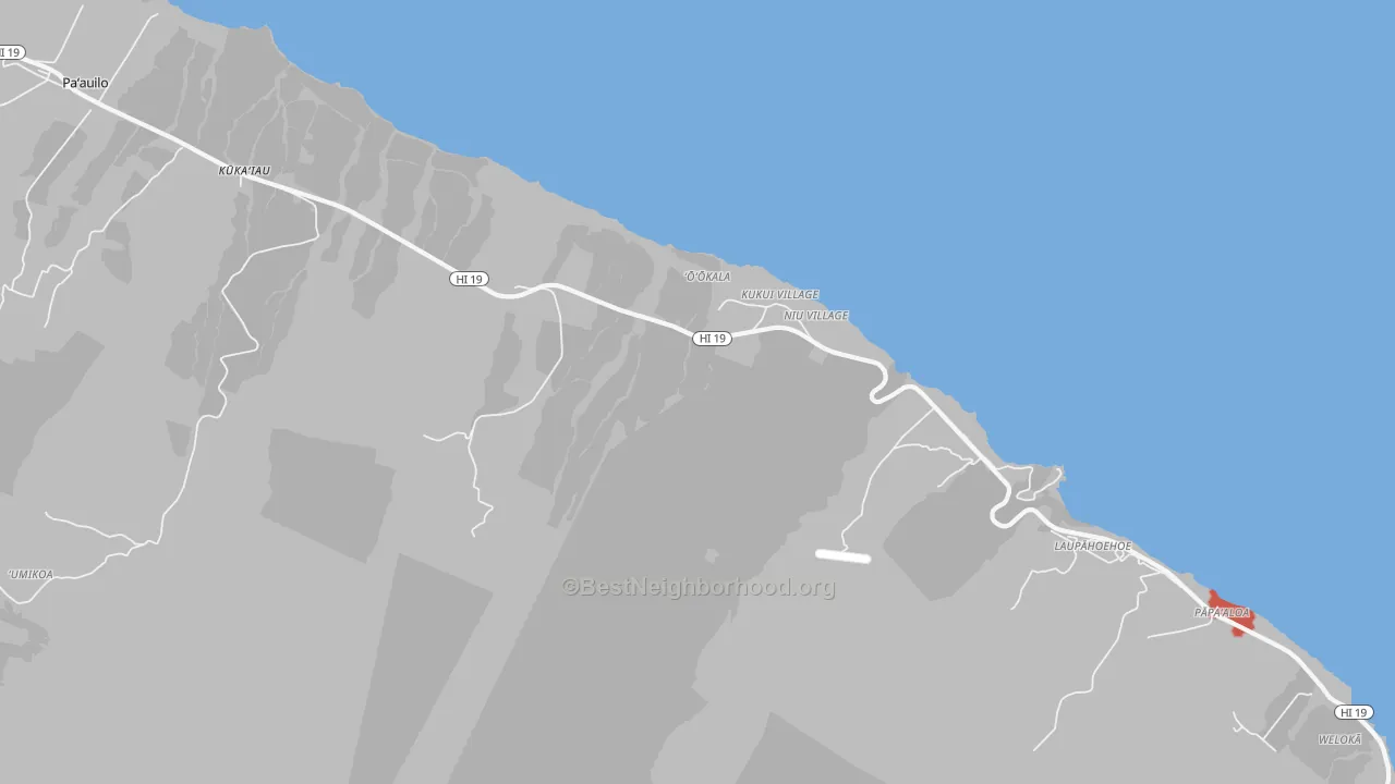 Walk Grade map of 96774, HI, walkable areas in green and car-dependent areas in red