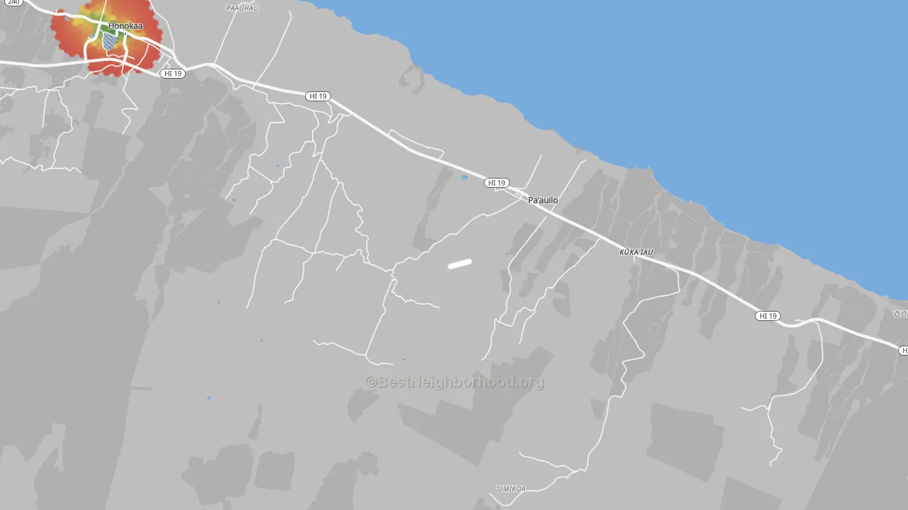 Walk Grade map of 96776, HI, walkable areas in green and car-dependent areas in red