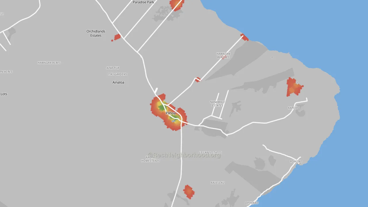 Walk Grade map of 96778, HI, walkable areas in green and car-dependent areas in red