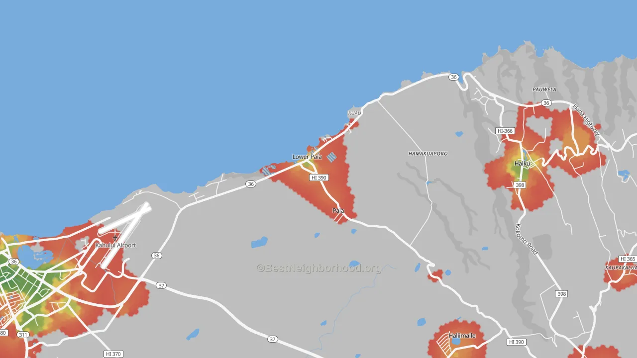 Walk Grade map of 96779, HI, walkable areas in green and car-dependent areas in red