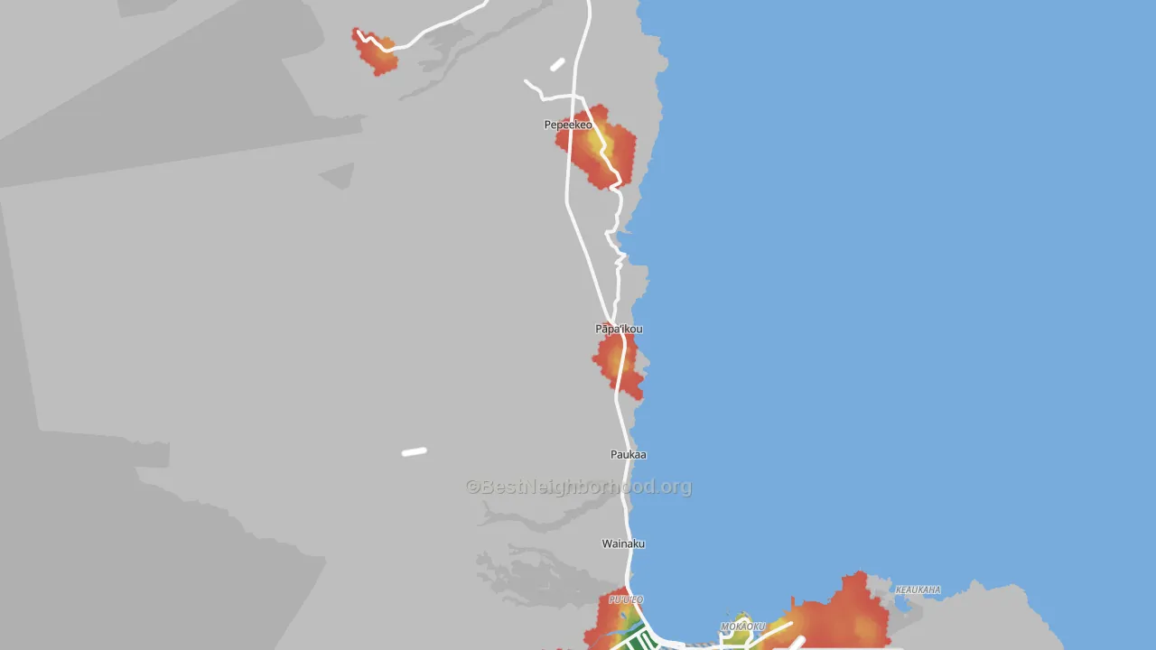 Walk Grade map of 96781, HI, walkable areas in green and car-dependent areas in red