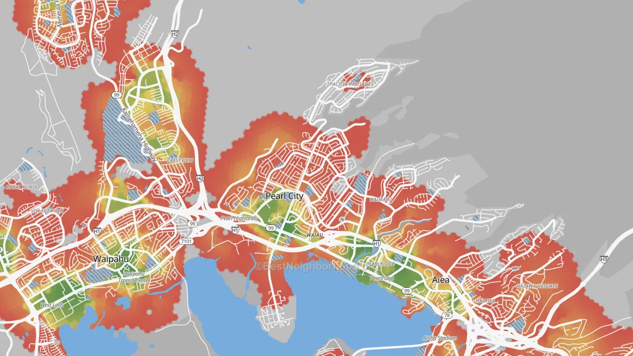 Walk Grade map of 96782, HI, walkable areas in green and car-dependent areas in red