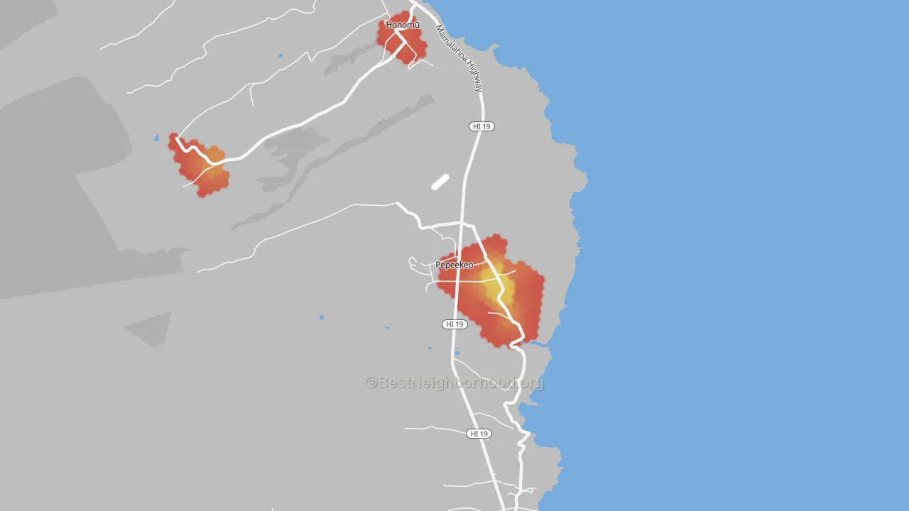 Walk Grade map of 96783, HI, walkable areas in green and car-dependent areas in red