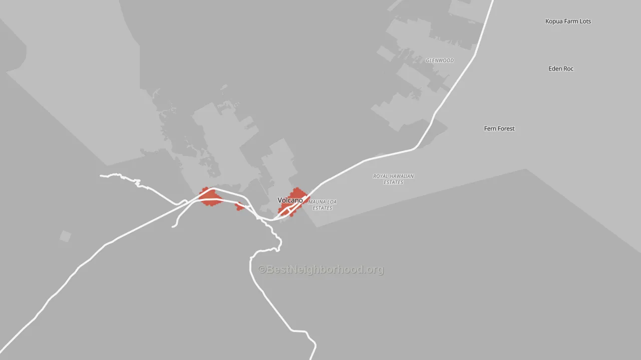 Walk Grade map of 96785, HI, walkable areas in green and car-dependent areas in red