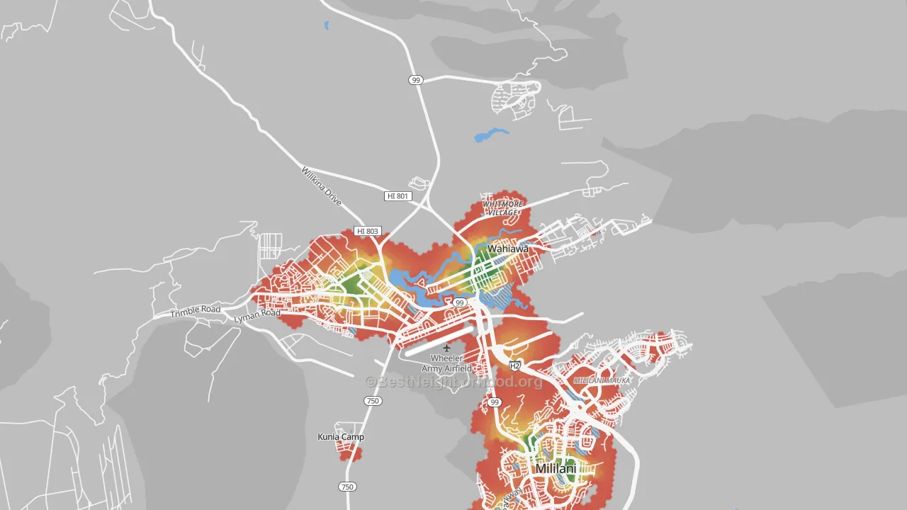 Walk Grade map of 96786, HI, walkable areas in green and car-dependent areas in red