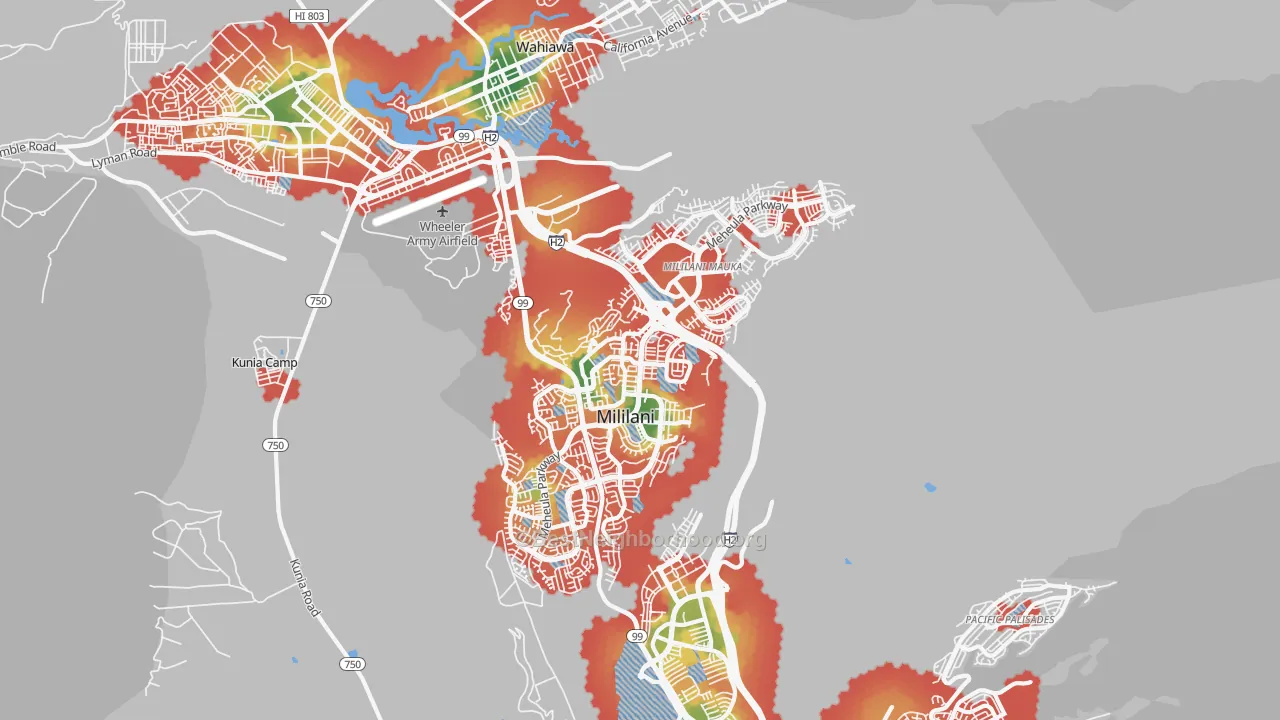 Walk Grade map of 96789, HI, walkable areas in green and car-dependent areas in red