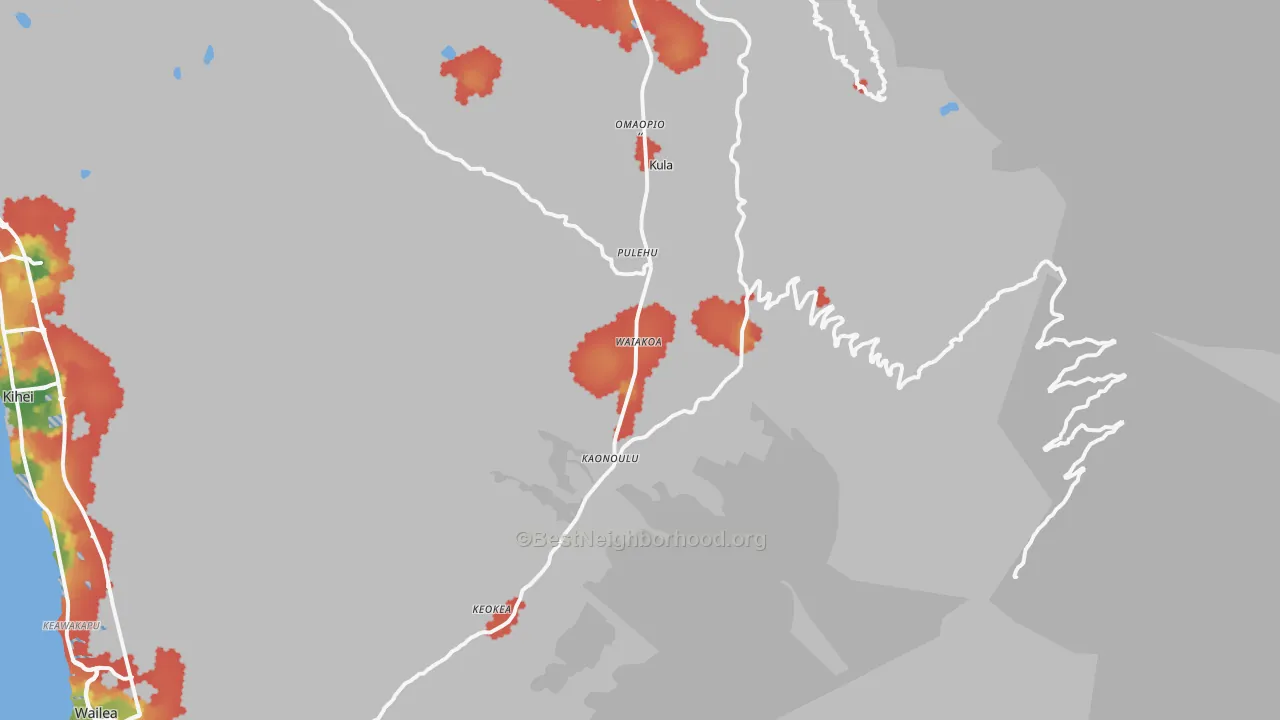Walk Grade map of 96790, HI, walkable areas in green and car-dependent areas in red