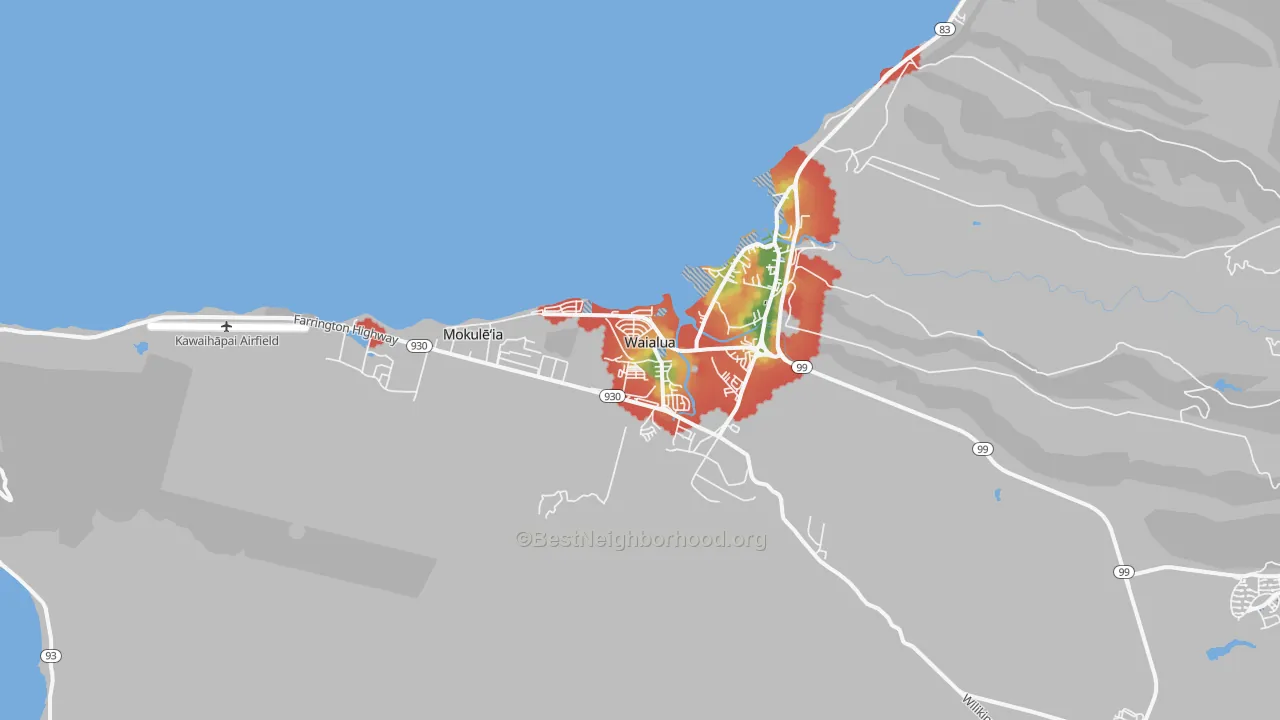 Walk Grade map of 96791, HI, walkable areas in green and car-dependent areas in red