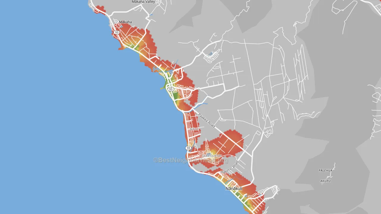 Walk Grade map of 96792, HI, walkable areas in green and car-dependent areas in red