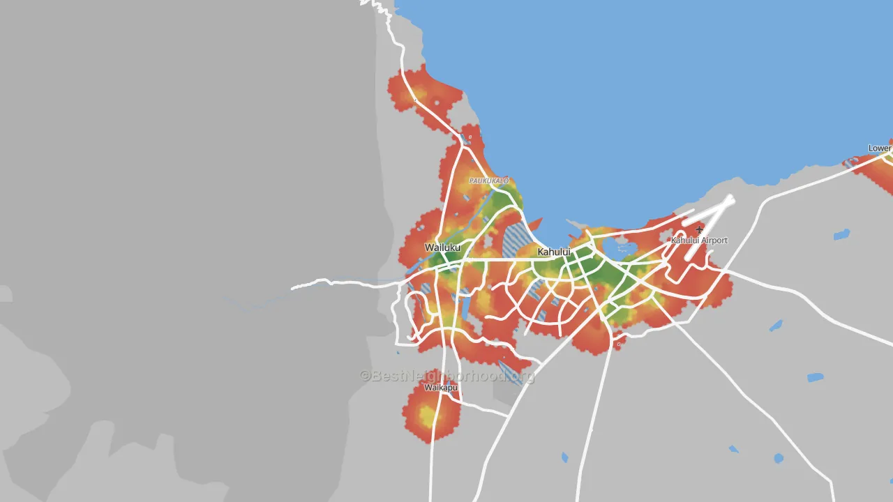 Walk Grade map of 96793, HI, walkable areas in green and car-dependent areas in red