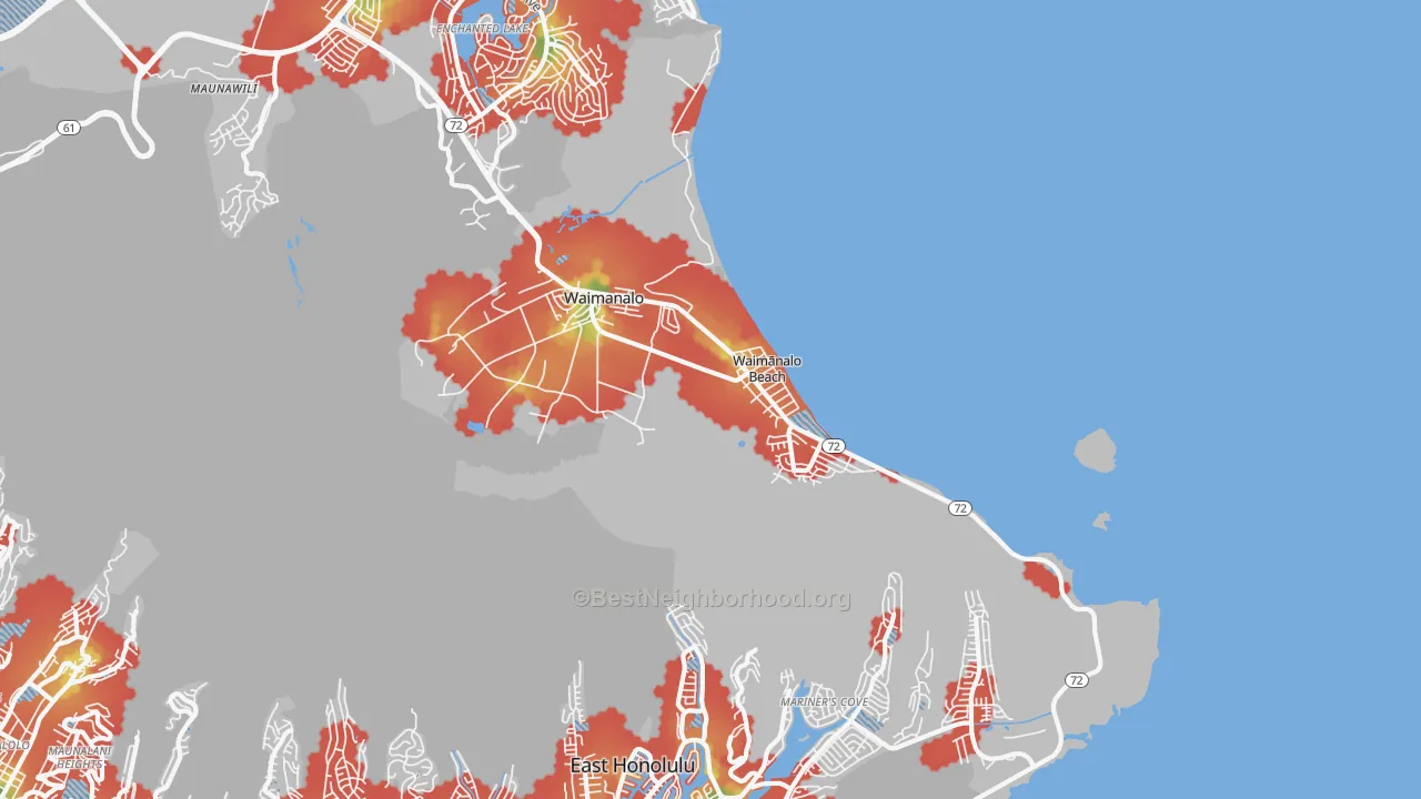 Walk Grade map of 96795, HI, walkable areas in green and car-dependent areas in red