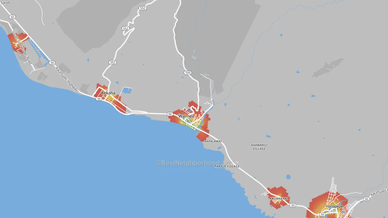 Walk Grade map of 96796, HI, walkable areas in green and car-dependent areas in red