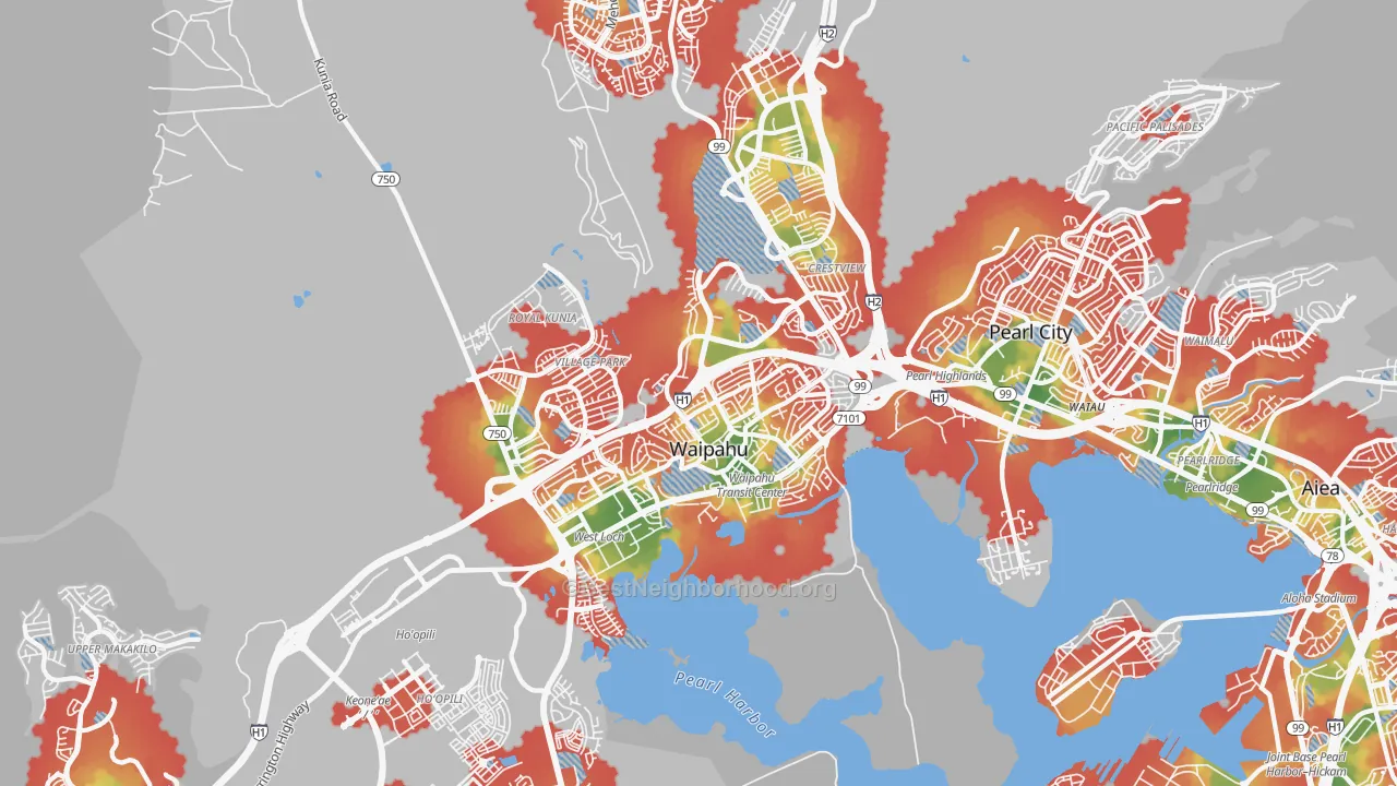Walk Grade map of 96797, HI, walkable areas in green and car-dependent areas in red