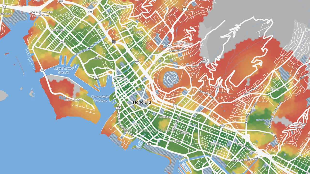 Walk Grade map of 96813, HI, walkable areas in green and car-dependent areas in red