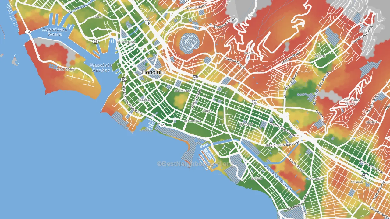 Walk Grade map of 96814, HI, walkable areas in green and car-dependent areas in red