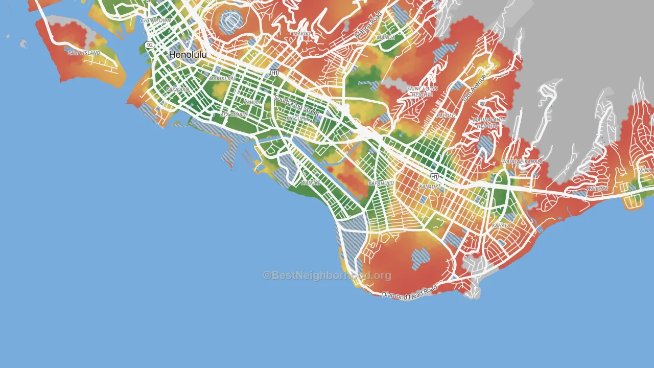 Walk Grade map of 96815, HI, walkable areas in green and car-dependent areas in red