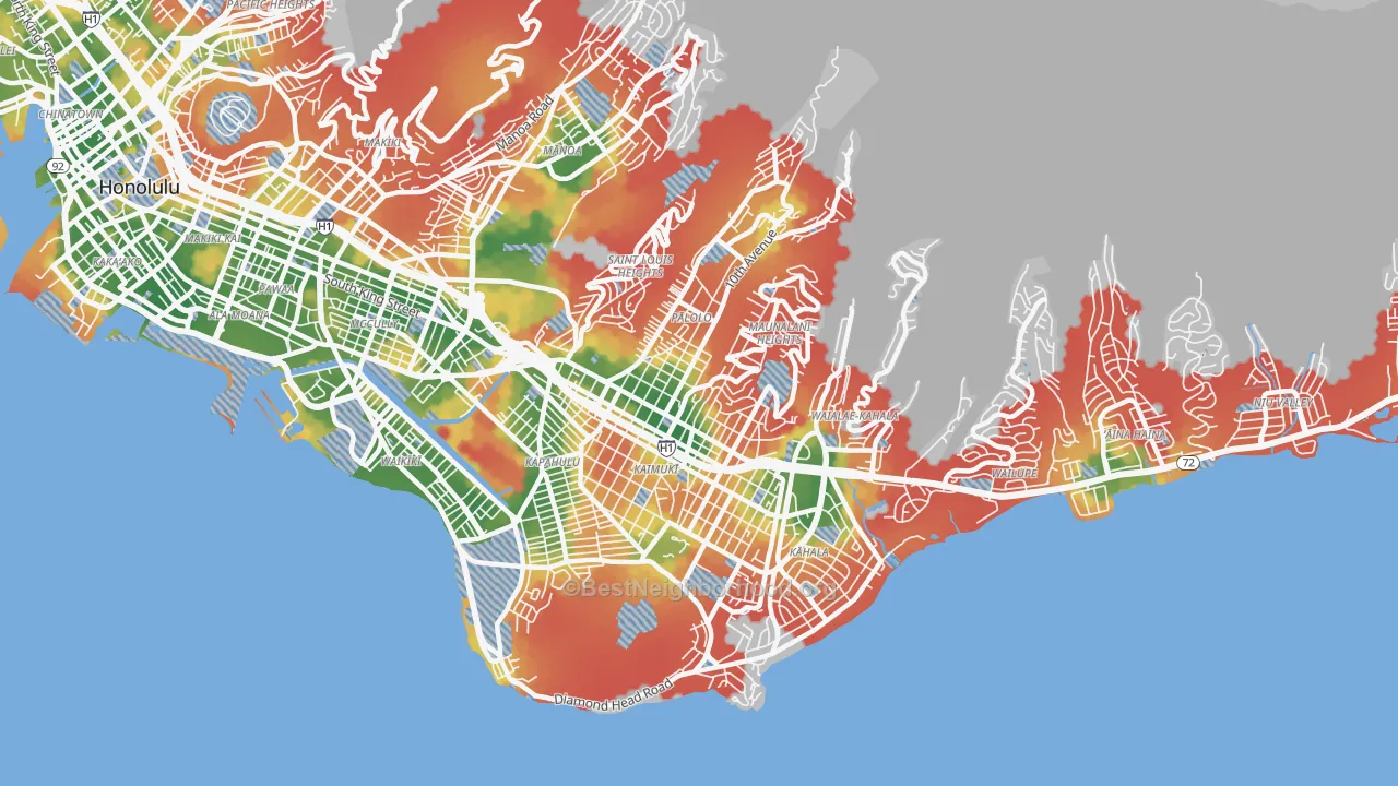 Walk Grade map of 96816, HI, walkable areas in green and car-dependent areas in red