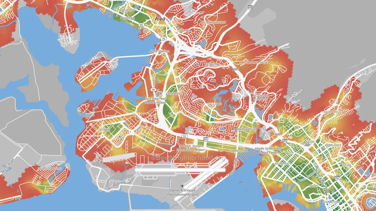 Walk Grade map of 96818, HI, walkable areas in green and car-dependent areas in red