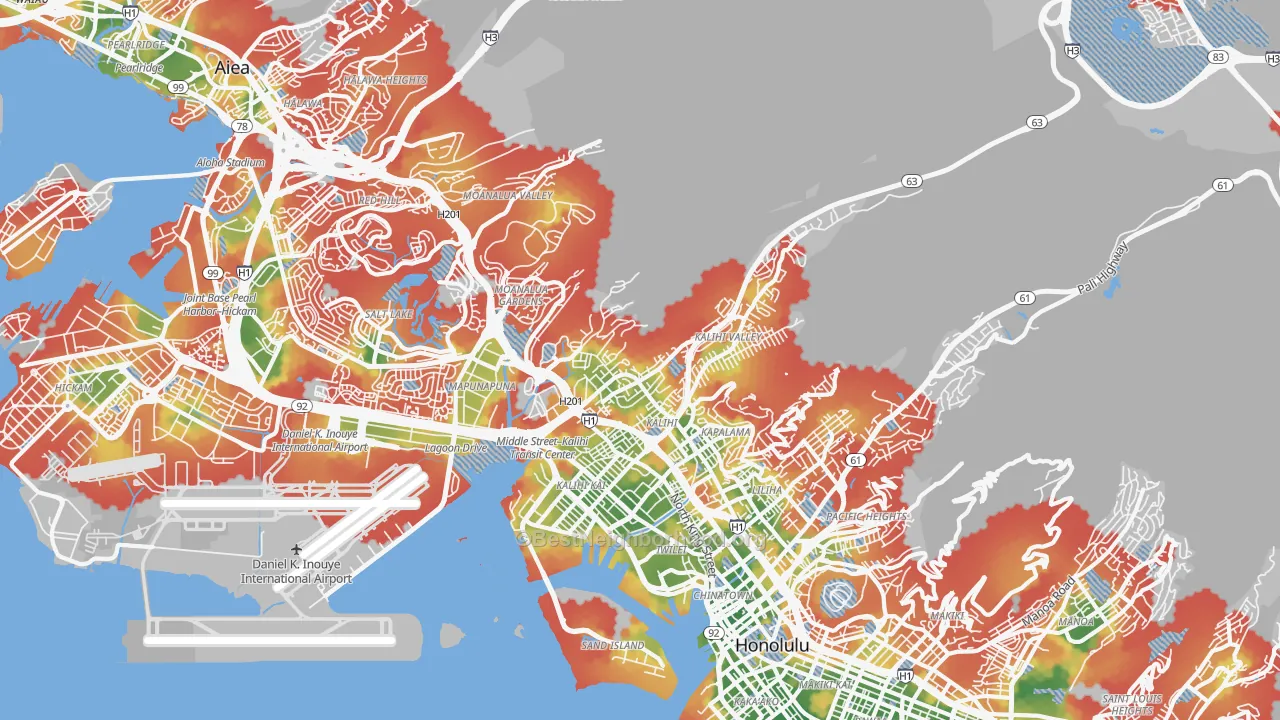 Walk Grade map of 96819, HI, walkable areas in green and car-dependent areas in red