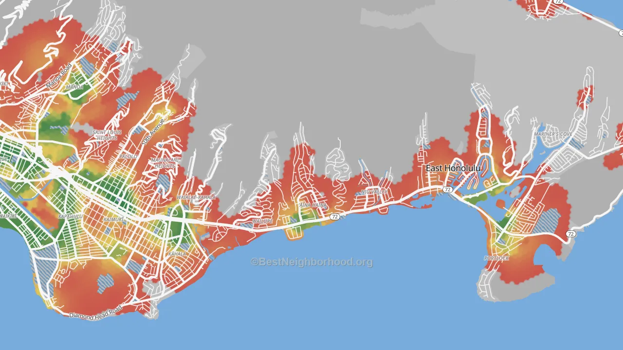 Walk Grade map of 96821, HI, walkable areas in green and car-dependent areas in red