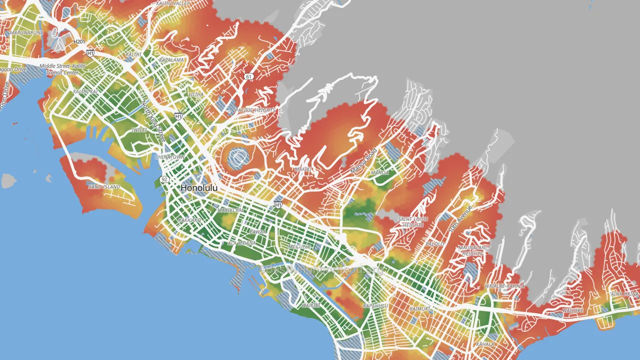 Walk Grade map of 96822, HI, walkable areas in green and car-dependent areas in red