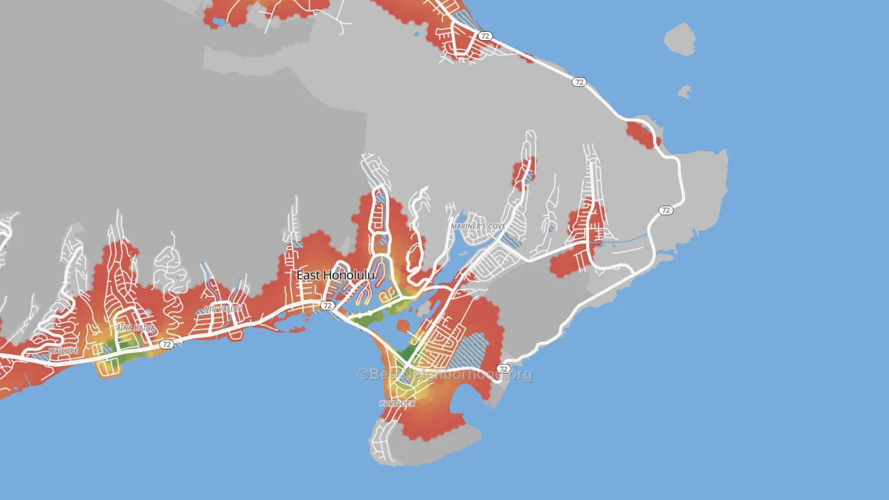 Walk Grade map of 96825, HI, walkable areas in green and car-dependent areas in red