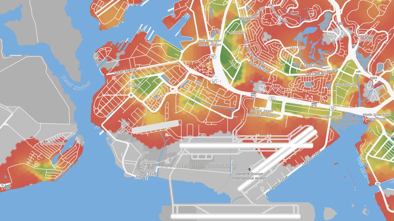 Walk Grade map of 96853, HI, walkable areas in green and car-dependent areas in red