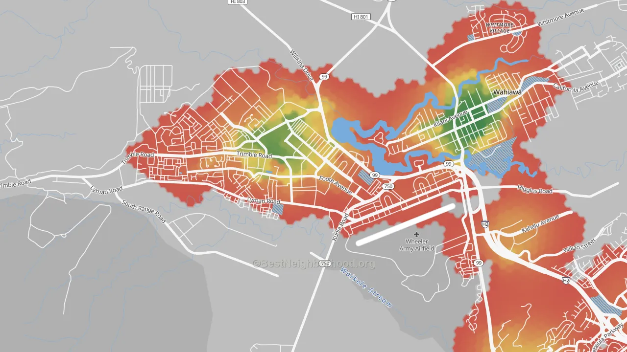 Walk Grade map of 96857, HI, walkable areas in green and car-dependent areas in red