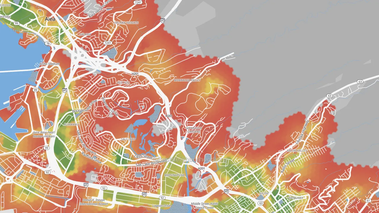 Walk Grade map of 96859, HI, walkable areas in green and car-dependent areas in red