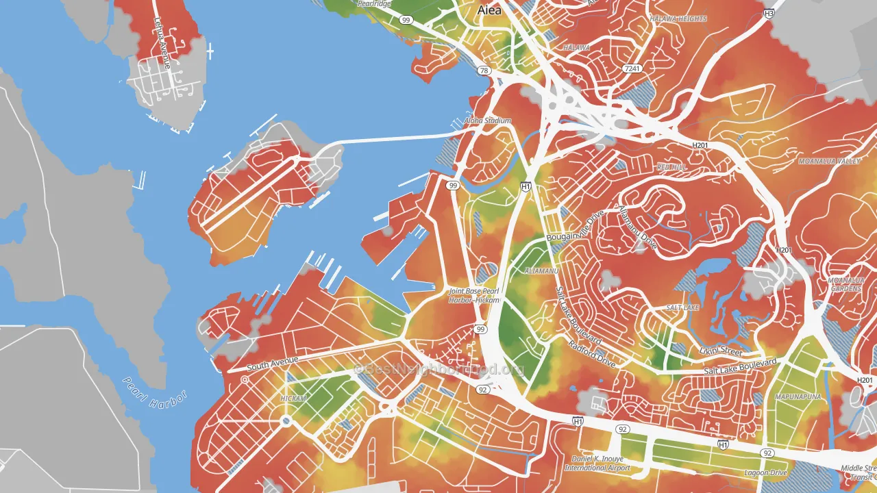 Walk Grade map of 96860, HI, walkable areas in green and car-dependent areas in red